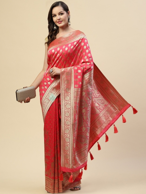 

Meena Bazaar Pink & Gold-Toned Woven Design Zari Art Silk Banarasi Saree