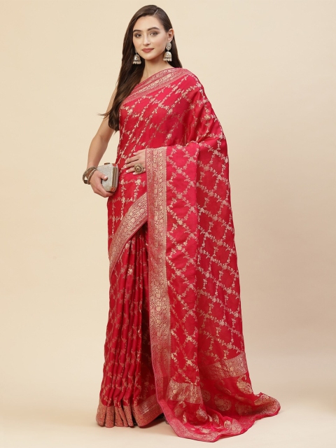 

Meena Bazaar Pink & Gold-Toned Woven Design Zari Organza Saree