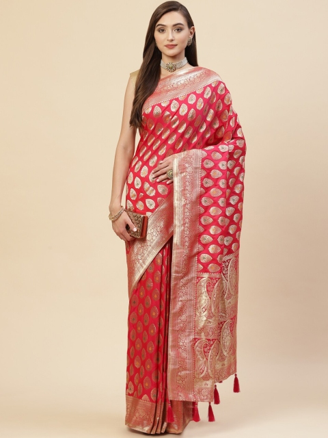 

Meena Bazaar Pink & Gold-Toned Woven Design Zari Art Silk Banarasi Saree