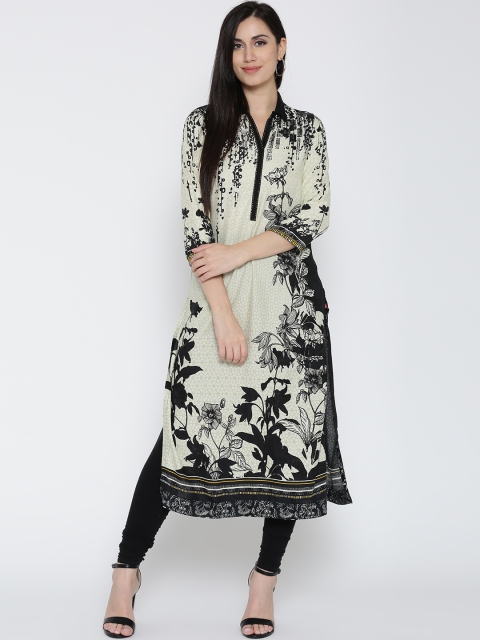 

Biba Women Off-White & Black Floral Print Straight Kurta