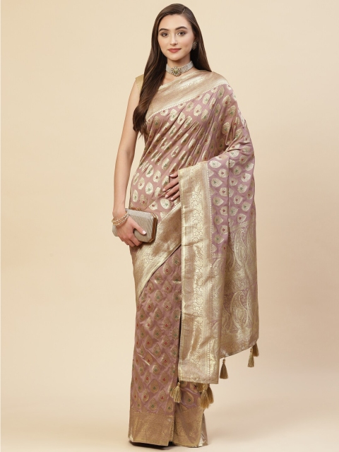 

Meena Bazaar Purple & Gold-Toned Woven Design Zari Art Silk Banarasi Saree
