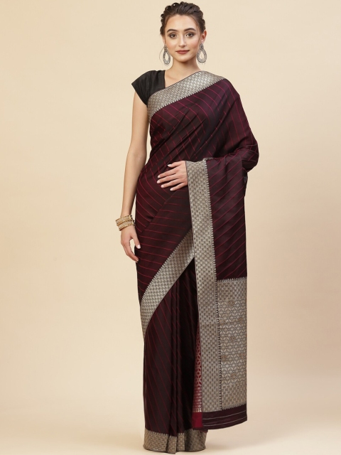 

Meena Bazaar Maroon & Gold-Toned Striped Zari Art Silk Banarasi Saree