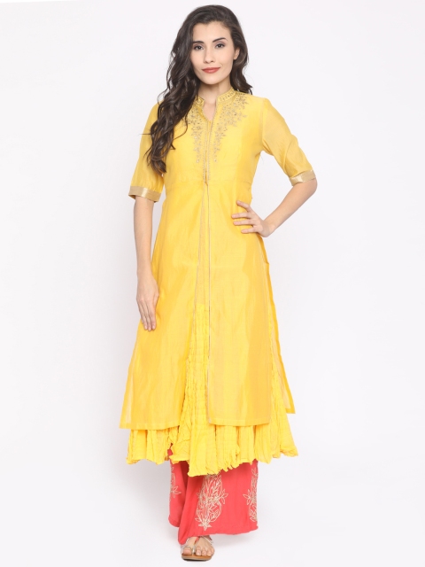 

Biba Women Yellow Solid Layered A-Line Kurta