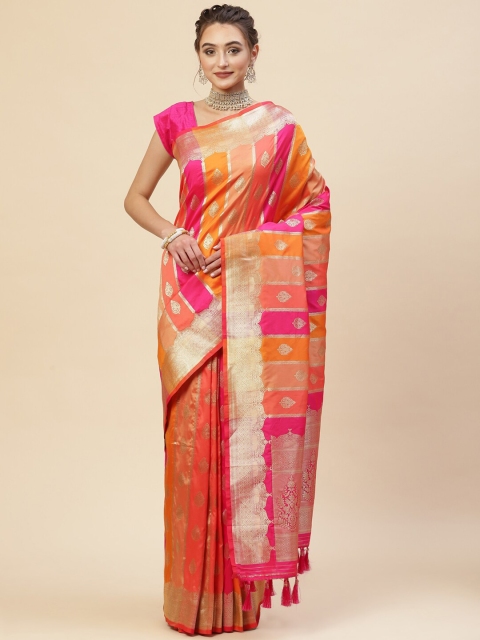 

Meena Bazaar Pink & Yellow Ethnic Motifs Zari Art Silk Saree