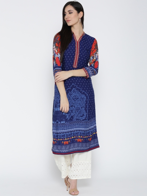 

Biba Women Blue Printed Straight Kurta