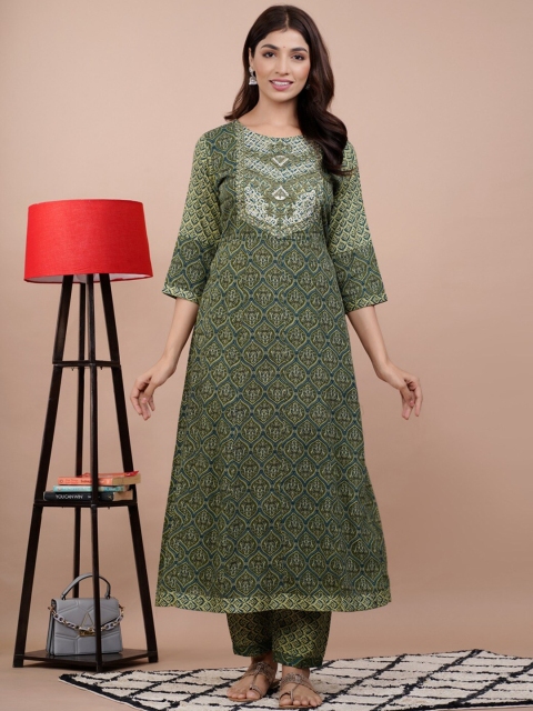 

UNISETS Women Green Ethnic Motifs Printed Kurta with Trousers & With Dupatta