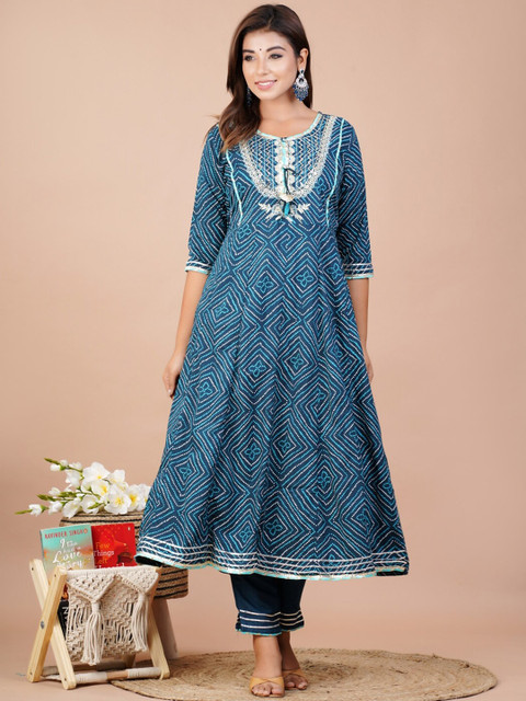 

UNISETS Women Blue Embroidered Kurti with Trousers & With Dupatta