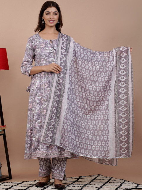 

UNISETS Women Lavender Floral Printed Kurta with Trouser & Dupatta