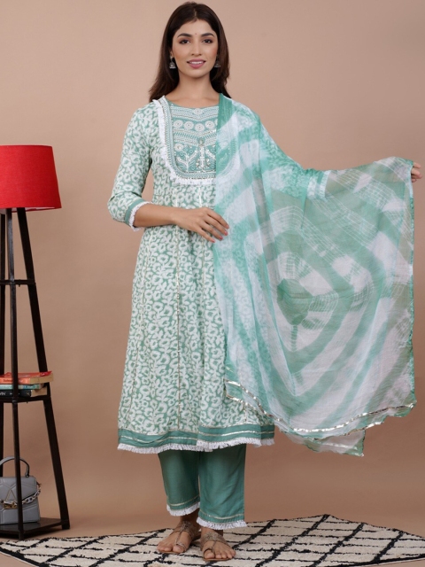 

UNISETS Women Sea Green Floral Embroidered Anarkali Kurta with Trousers & With Dupatta