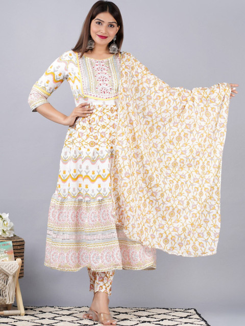 

UNISETS Women Cream-Coloured Floral Yoke Design Kurta & Trousers With Dupatta