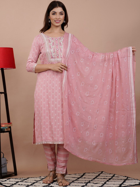 

UNISETS Women Peach Embroidered Straight Kurta with Trousers & With Dupatta