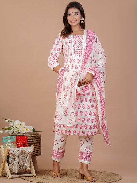 

UNISETS Women White Ethnic Motifs Printed Kurta with Trousers & With Dupatta