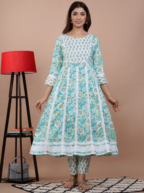 

UNISETS Women Turquoise Blue Floral Printed Kurta with Trousers & Dupatta