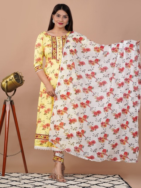 

UNISETS Women Yellow Floral Printed & Embroidered Panelled Gotta Patti Kurta Set
