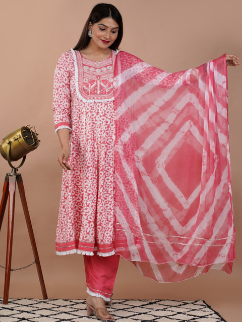 

UNISETS Women Pink & White Embroidered Anarkali Kurta with Palazzos & With Dupatta