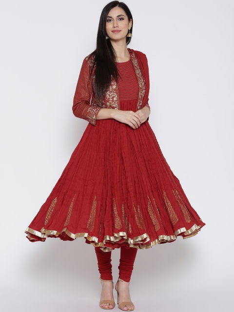 

Biba Women Red & Printed Detail Crinkled Anarkali Kurta with Churidar & Dupatta