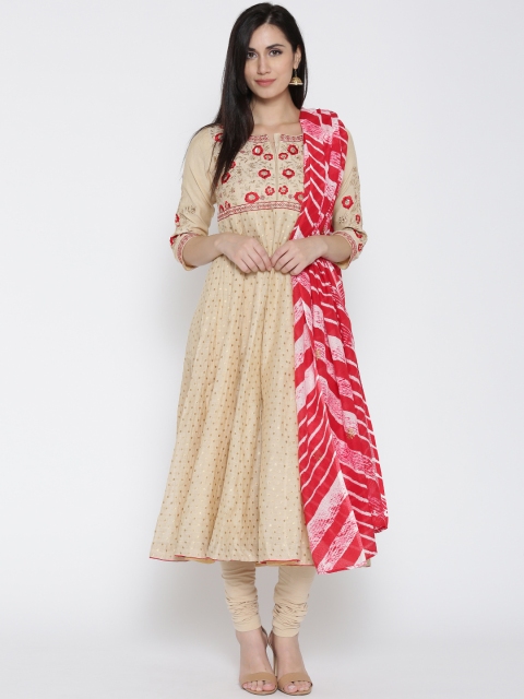 

Biba Women Beige Woven Design Anarkali Kurta with Churidar & Dupatta