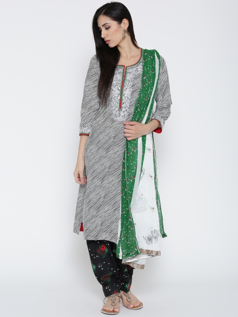 

Biba Women White & Black Striped Kurta with Salwar & Dupatta