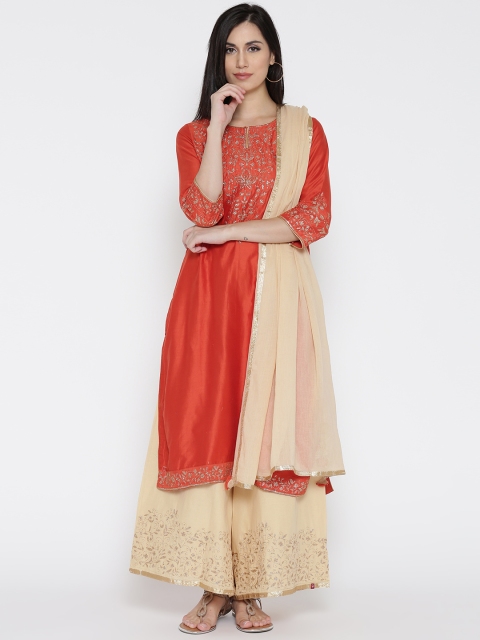 

Biba Women Orange & Beige Yoke Design Kurta with Palazzos & Dupatta