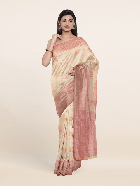

Pothys Cream-Coloured & Peach-Coloured Woven Design Zari Art Silk Saree