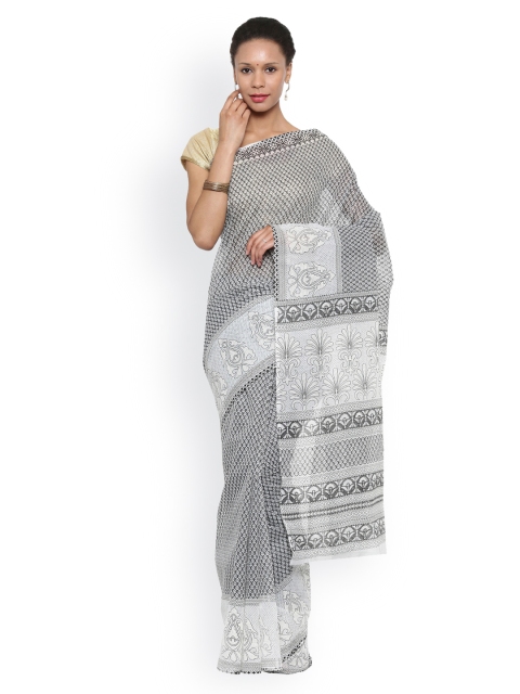 

Pavechas White & Grey Polycotton Printed Mangalagiri Saree