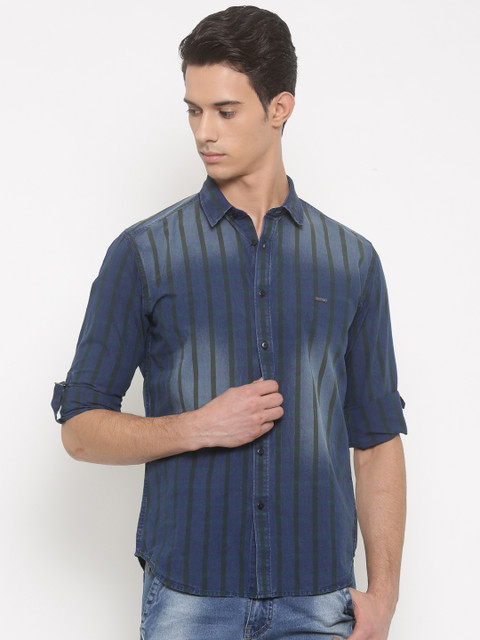 

V Dot by Van Heusen Men Blue & Green Slim Fit Striped Casual Shirt