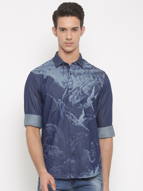 

V Dot by Van Heusen Men Blue Denim Slim Fit Printed Casual Shirt