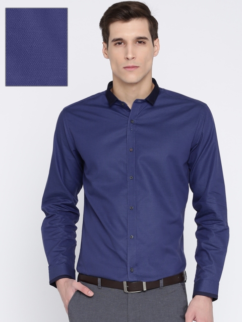 

V Dot Men Blue Slim Fit Self-Design Formal Shirt