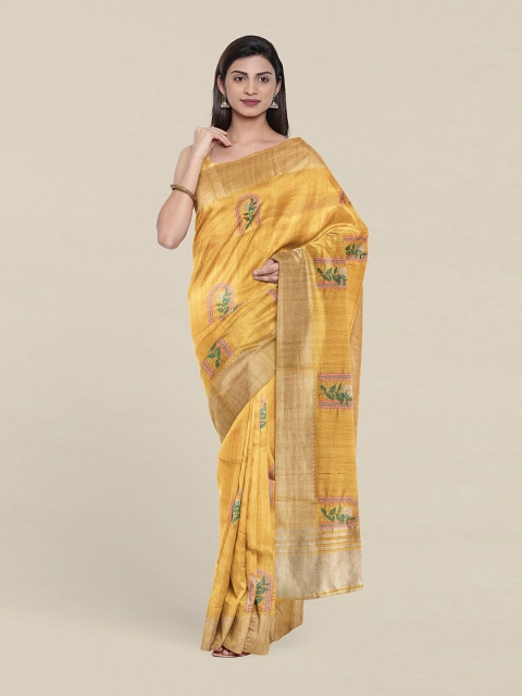 

Pothys Yellow & Green Floral Zari Jute Silk Saree