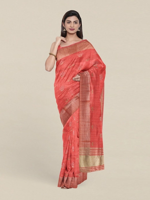 

Pothys Pink & Gold-Toned Floral Jute Silk Saree