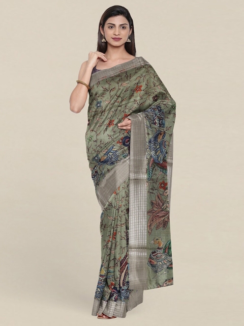 

Pothys Olive Green & Copper-Toned Kalamkari Zari Art Silk Tussar Saree