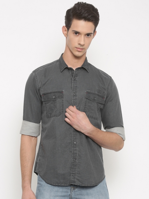 

V Dot by Van Heusen Men Charcoal Grey Slim Fit Solid Casual Shirt