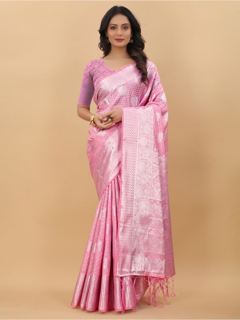 

LINARO LIFESTYLES Pink & Silver-Toned Floral Zari Pure Silk Banarasi Saree