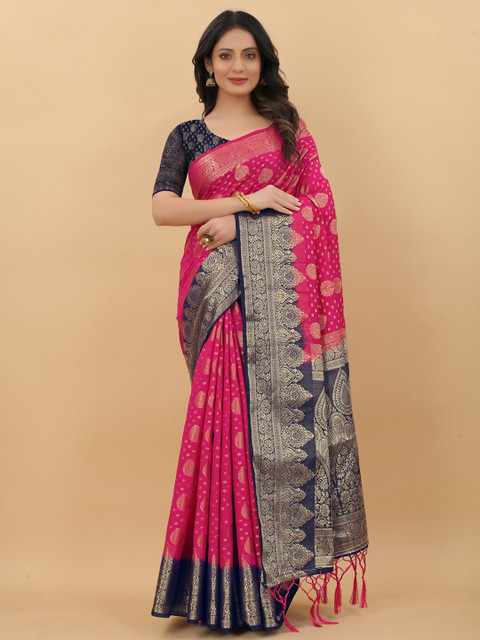 

LINARO LIFESTYLES Pink & Navy Blue Woven Design Zari Pure Silk Banarasi Saree