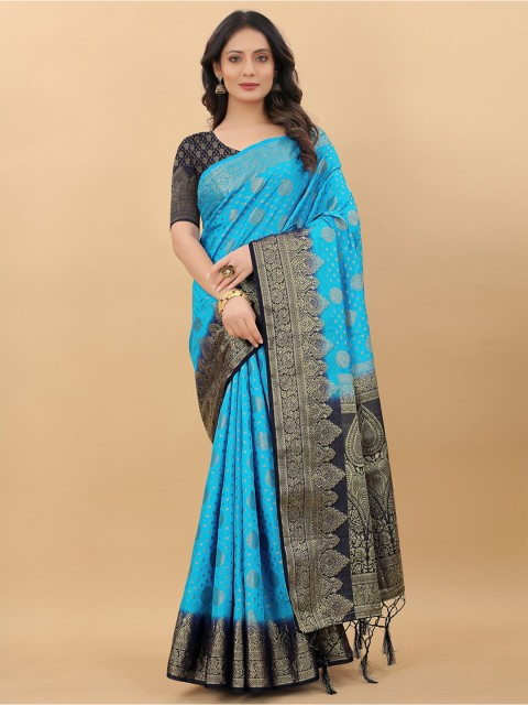 

LINARO LIFESTYLES Blue & Gold-Toned Woven Design Zari Pure Silk Banarasi Saree