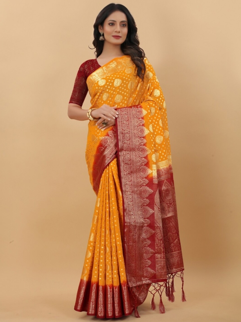 

LINARO LIFESTYLES Gold-Toned & Red Ethnic Motifs Zari Pure Silk Banarasi Saree