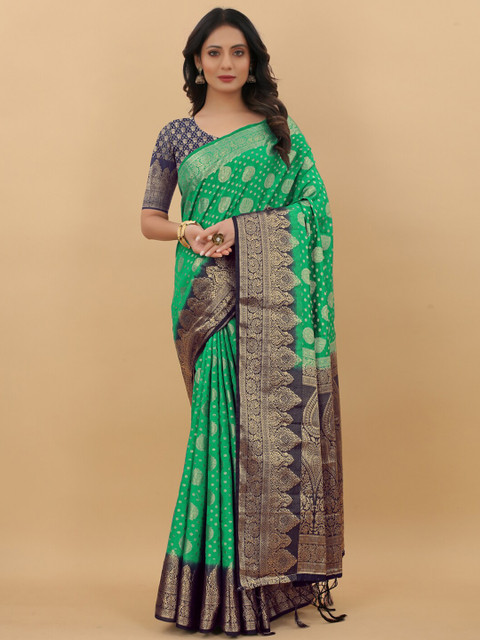 

LINARO LIFESTYLES Green & Blue Ethnic Motifs Zari Pure Silk Banarasi Saree