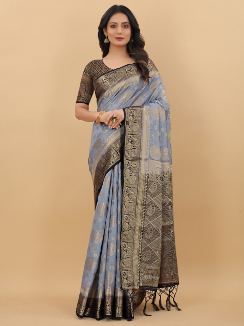

LINARO LIFESTYLES Grey & Navy Blue Woven Design Zari Pure Silk Banarasi Saree