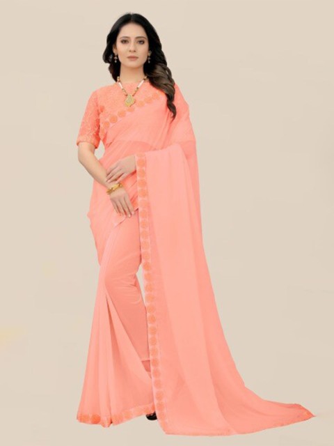 

LINARO LIFESTYLES Peach-Coloured Embroidered Pure Georgette Heavy Work Saree
