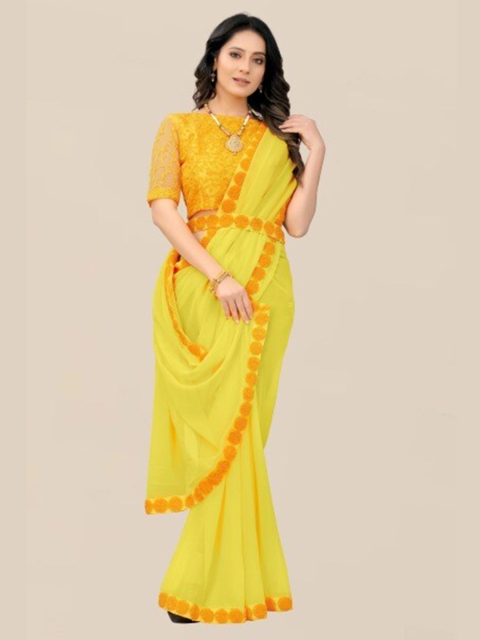 

LINARO LIFESTYLES Yellow & Orange Embroidered Pure Georgette Heavy Work Saree