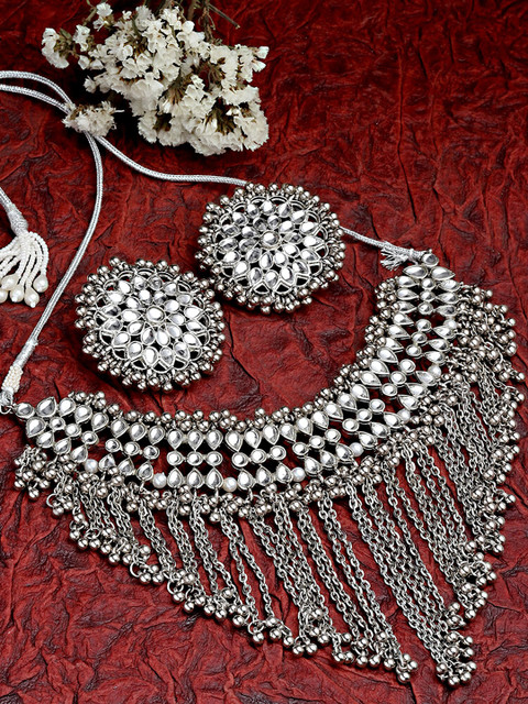 

KARATCART Oxidised Silver-Plated White Kundan Studded Jewellery Set