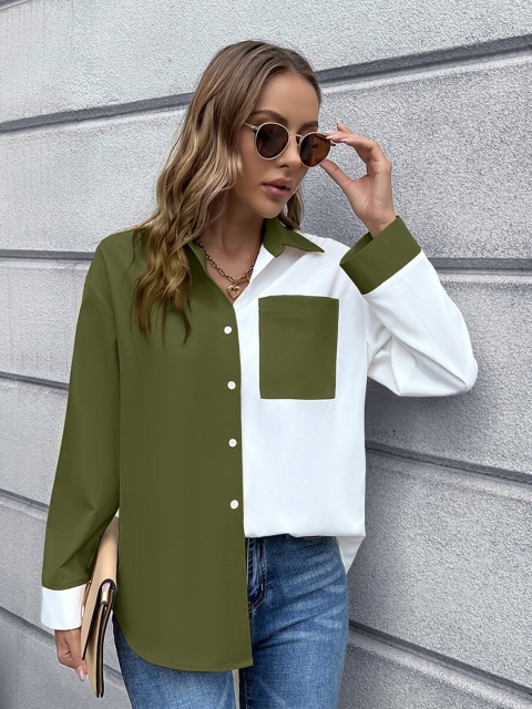 

BoStreet Olive Green & White Colourblocked Shirt Style Top