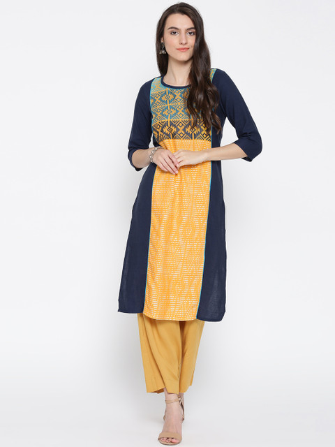 

AURELIA Women Navy & Yellow Woven Design Straight Kurta, Navy blue