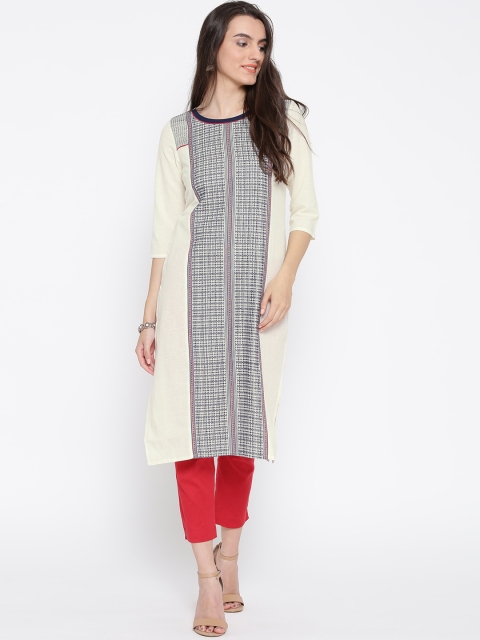 

AURELIA Women Off-White & Navy Woven Design Straight Kurta