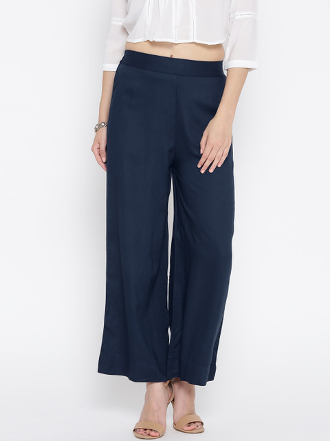 

AURELIA Women Navy Wide Leg Solid Palazzos, Navy blue