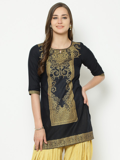 

AURELIA Women Black Printed Straight Kurta