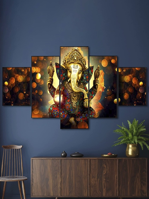 

Perpetual Set Of 5 Ganesha Painting 3d Scenery Wall Art, Gold