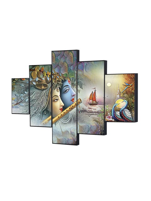 

Perpetual Set Of 5 Krishna Painting 3d Scenery Wall Art, Blue