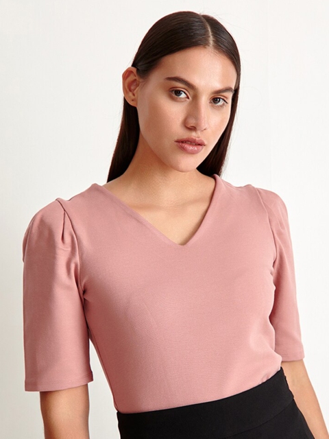 

COVER STORY Women Pink V-Neck Puff Sleeves T-shirt