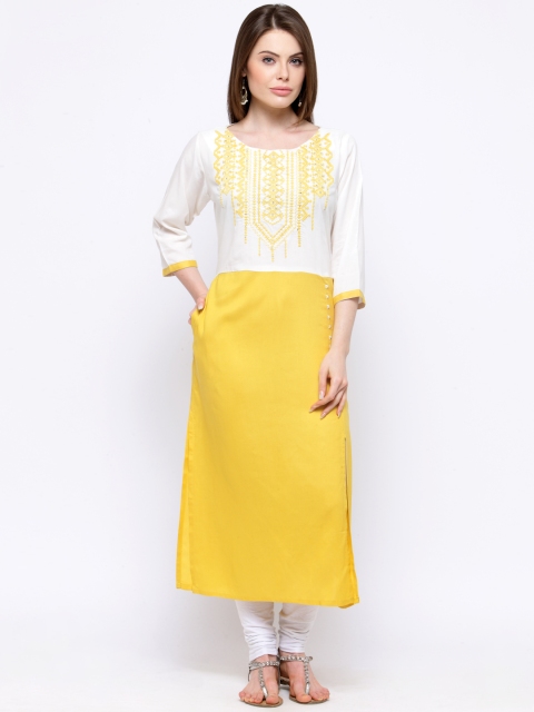 

Shree Women White & Yellow Embroidered Straight Kurta